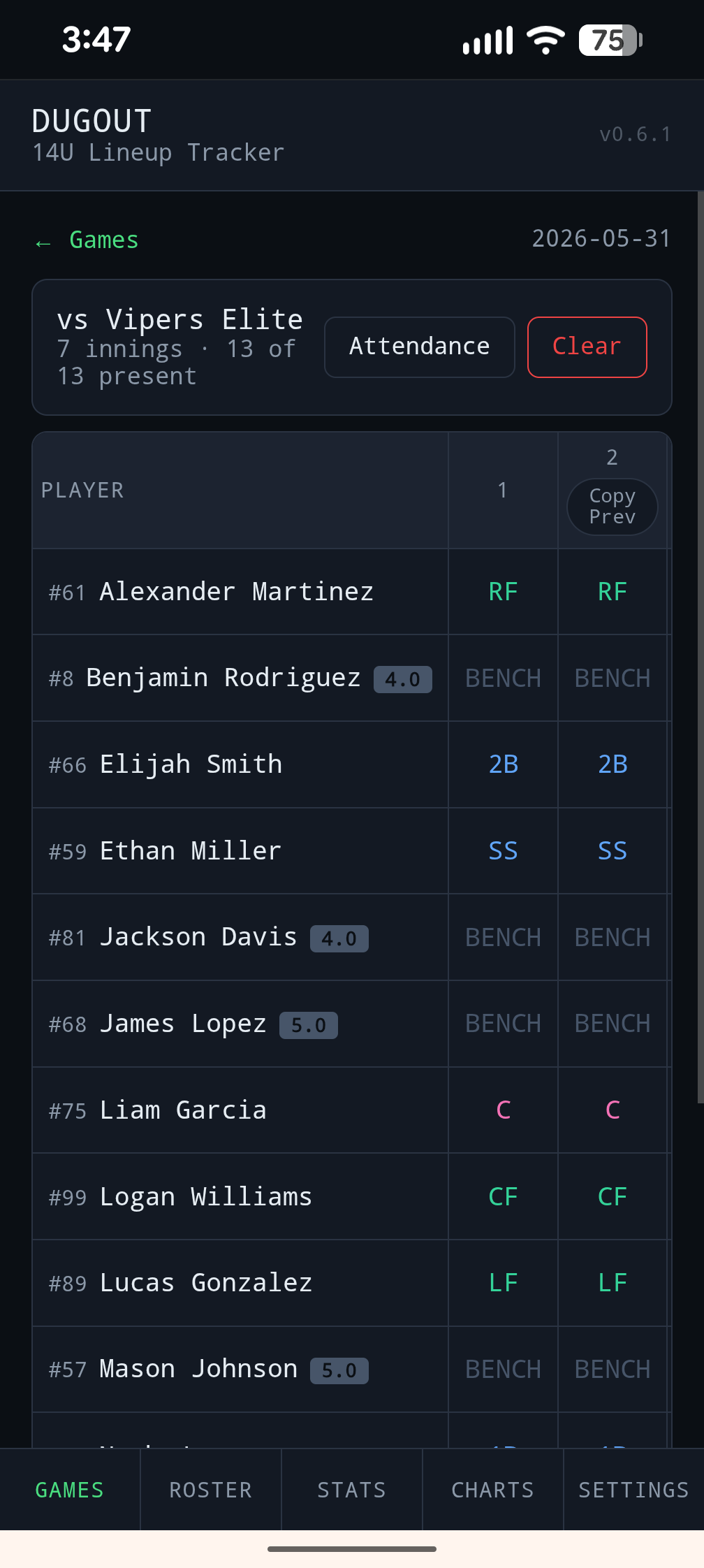 The Dugout Tracker game screen showing players by inning and position.