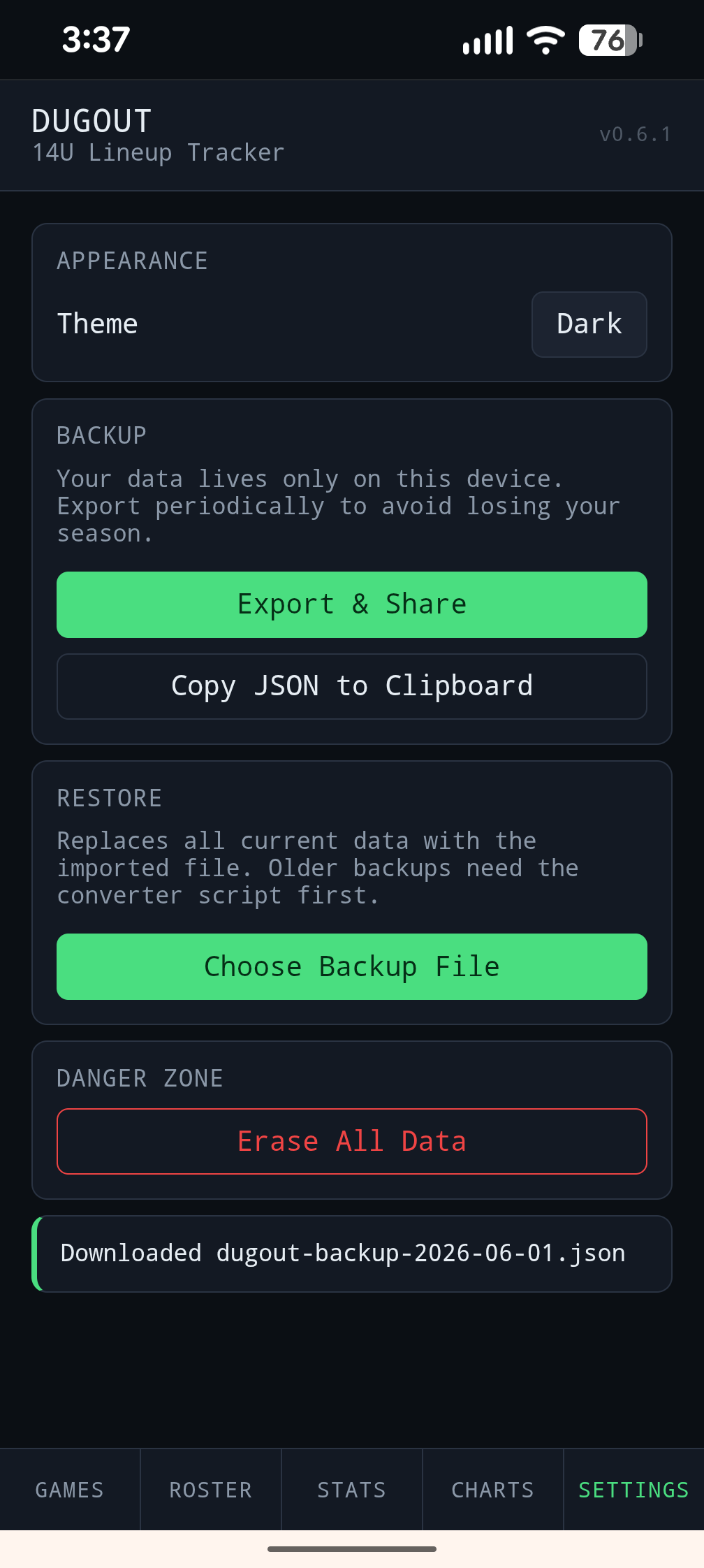 The Dugout Tracker settings screen showing export and sharing options.